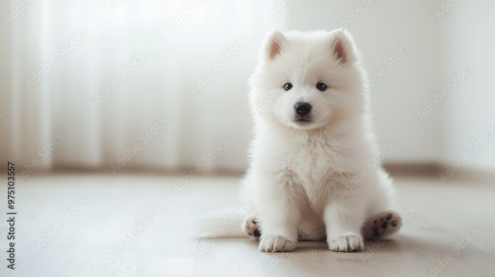 A small white dog rests atop a hardwood floor adjacent to a window with a curtained backdrop A small white dog rests atop a hardwood floor adjacent to a window with a curtained backdrop