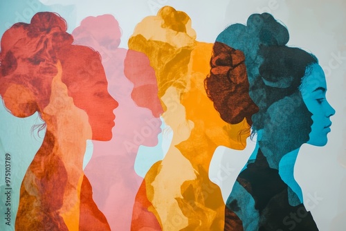 Silhouetted women in vibrant hues  a multi layered canvas of unique profiles and soft palette photo