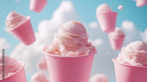 Falling pink ice cream cones against blue sky with clouds. Food Background