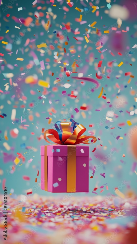 Floating gift box with colorful confetti against turquoise background Floating gift box with colorful confetti against turquoise background