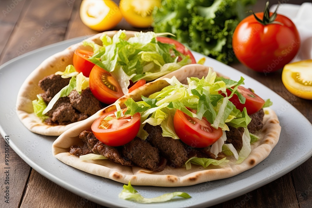Hearty Gyros in Fresh Flatbread with Shredded Lettuce and Luscious Tomatoes Hearty Gyros in Fresh Flatbread with Shredded Lettuce and Luscious Tomatoes