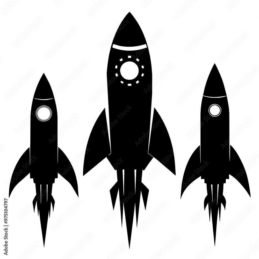 A set of three black silhouette rockets is launching upward isolated on a white background evoking the excitement of space travel and exploration A set of three black silhouette rockets is launching upward isolated on a white background evoking the excitement of space travel and exploration