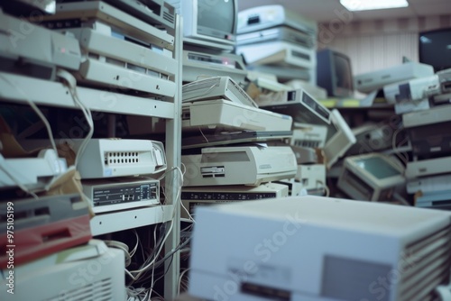 An overcrowded storage room filled with stacks of vintage computer parts, monitors, and accessories, evoking a sense of technological history and nostalgia. photo