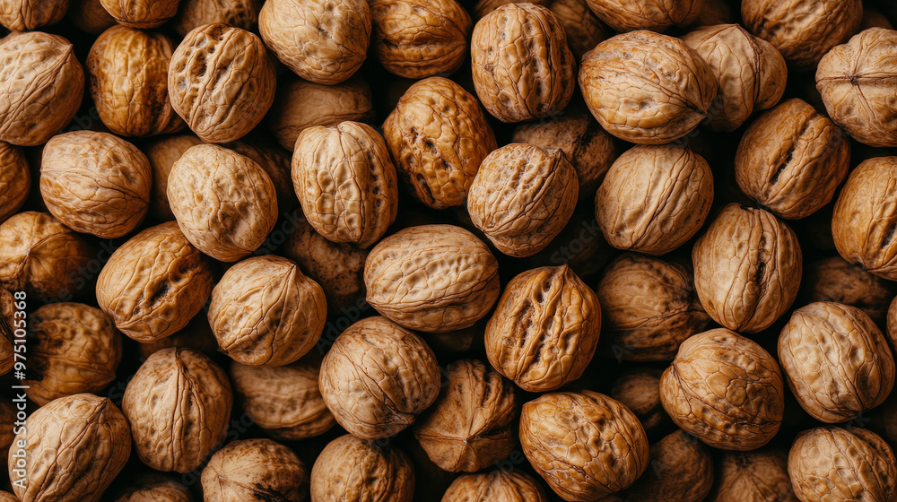 “Heap of fresh raw brown walnuts arranged as a pattern background, viewed from above. Includes copy space in the full frame, with peeled nuts texture in top view.” “Heap of fresh raw brown walnuts arranged as a pattern background, viewed from above. Includes copy space in the full frame, with peeled nuts texture in top view.”