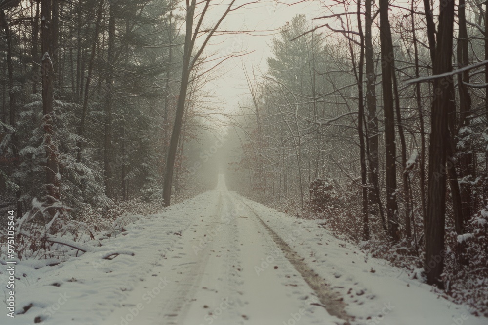 A serene winter scene of a snow-covered road cutting through a dense, tranquil forest under a misty, subdued sky. A serene winter scene of a snow-covered road cutting through a dense, tranquil forest under a misty, subdued sky.