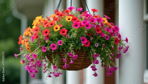 Vibrant petunias and fuchsias blooming in hanging basket on porch