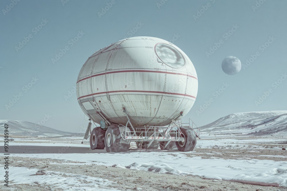 Fototapeta premium Futuristic spherical vehicle stationed in an arid, desolate landscape with a large moon in the sky, evoking sci-fi and exploration themes.