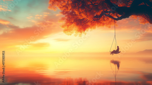 sunset over the sea, surreal dreamscape world, imaginative scene, mystical reality photo