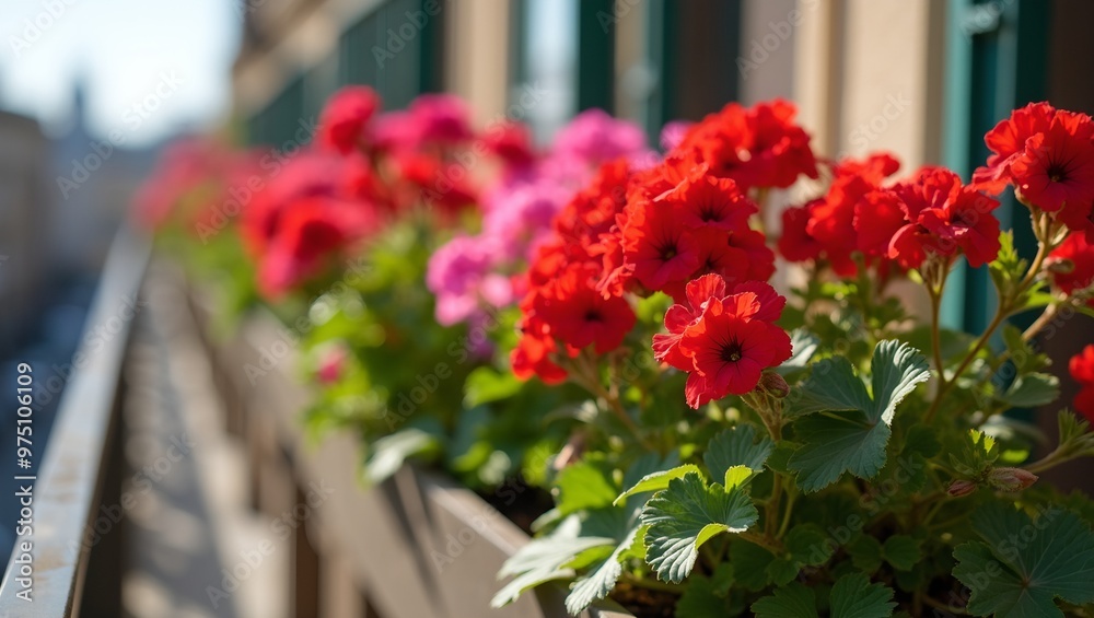 Fototapeta premium Colorful geranium flowers in bloom on a sunny balcony overlooking the city