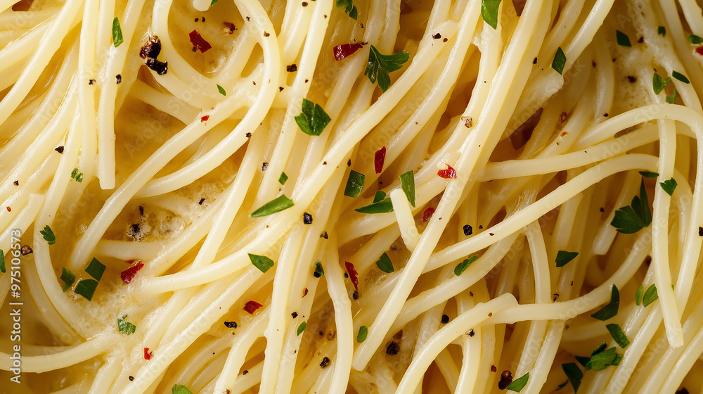 a close-up, top-down view of spaghetti aglio e olio, filling the entire frame with the focus on the pasta's intricate details a close-up, top-down view of spaghetti aglio e olio, filling the entire frame with the focus on the pasta's intricate details