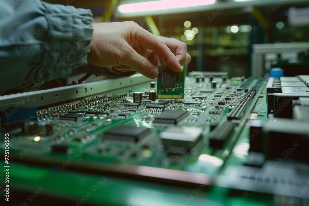 A hand carefully places a microchip onto a circuit board in a technological setting, highlighting the precision and intricacy of electronics work. A hand carefully places a microchip onto a circuit board in a technological setting, highlighting the precision and intricacy of electronics work.