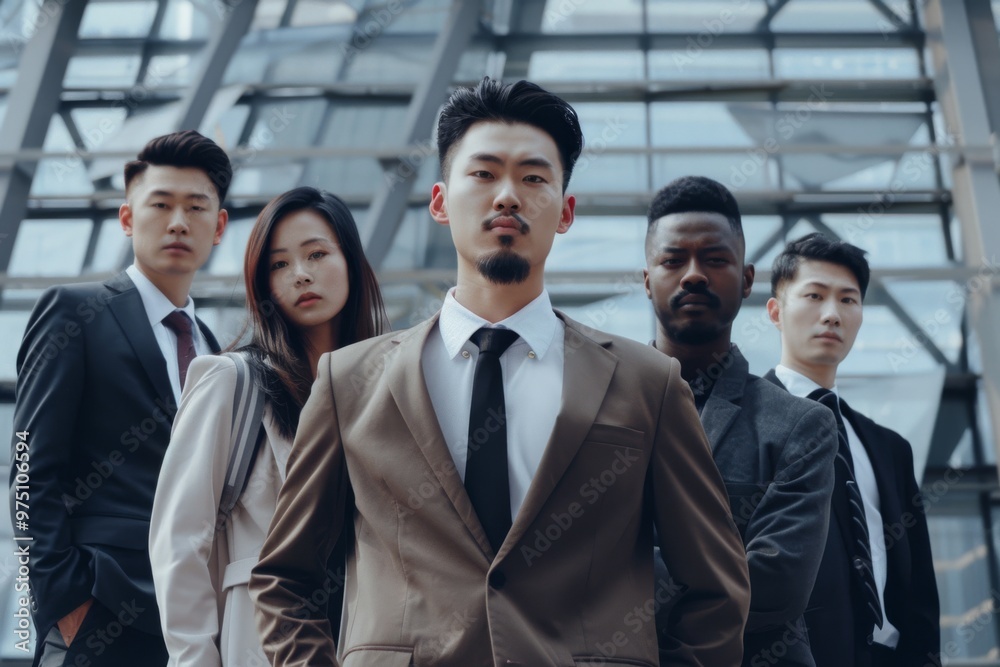 A group of young professionals stands with determination in front of a modern building, embodying ambition and diverse energy. A group of young professionals stands with determination in front of a modern building, embodying ambition and diverse energy.