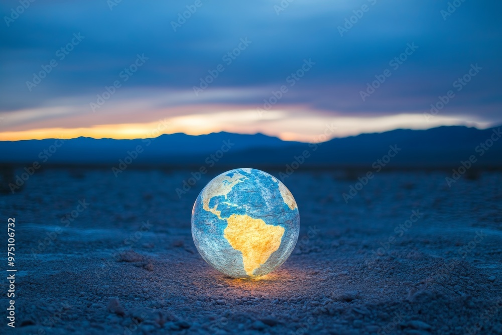 A glowing globe of earth in a desolate sunset landscape symbolizes climate change concerns. A glowing globe of earth in a desolate sunset landscape symbolizes climate change concerns.