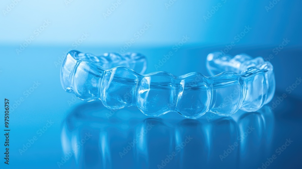 Transparent dental aligners on a reflective blue surface for orthodontic treatment Transparent dental aligners on a reflective blue surface for orthodontic treatment