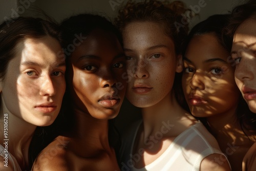 Five women of different ethnic backgrounds stand closely together, their expressions serene, highlighted by gentle sunlight filtering through.