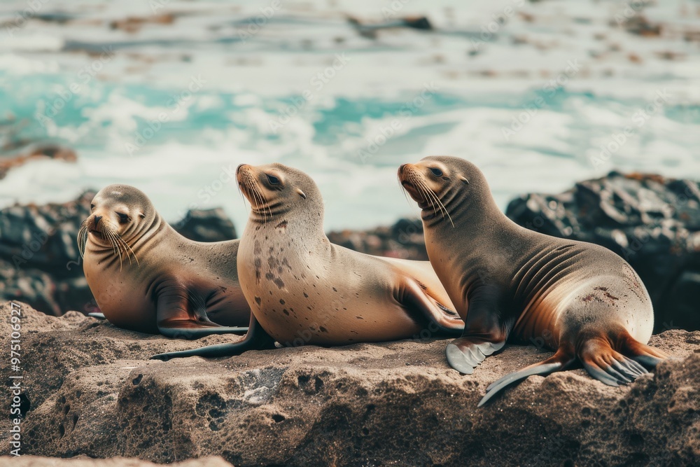 Fototapeta premium Three sea lions rest on coastal rocks, calmly basking under the sun with waves crashing gently behind.