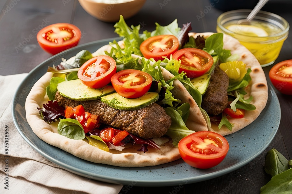 Gourmet Gyros in Artisan Flatbread with Fresh Mixed Greens and Sun-Ripened Tomatoes Gourmet Gyros in Artisan Flatbread with Fresh Mixed Greens and Sun-Ripened Tomatoes