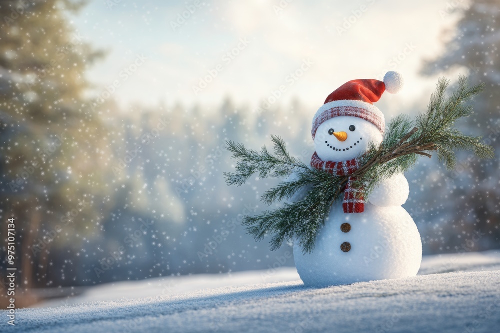 Winter wonderland snowman in a hat and scarf amidst snowy landscape with bokeh lights Winter wonderland snowman in a hat and scarf amidst snowy landscape with bokeh lights