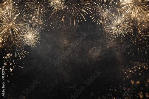 Celebratory new year fireworks in white gold bloom on dark gray blackboard background photo