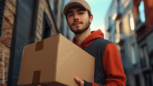 Young delivery man holding cardboard box s smiling looking at camera photo