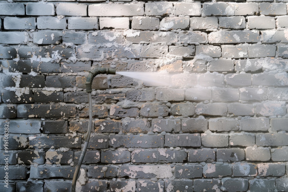 A high-pressure water stream cleans a weathered grey brick wall, stripping away layers of dirt and grime, revealing a restored and refreshed surface beneath. A high-pressure water stream cleans a weathered grey brick wall, stripping away layers of dirt and grime, revealing a restored and refreshed surface beneath.