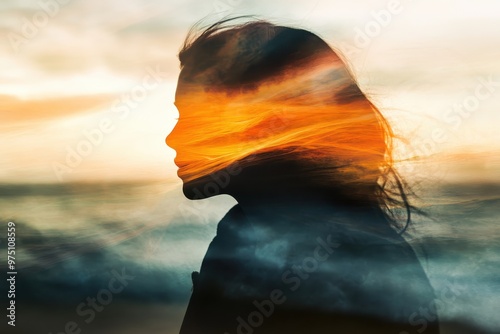 Silhouette of a Woman's Face Overlaid with Sunset Clouds