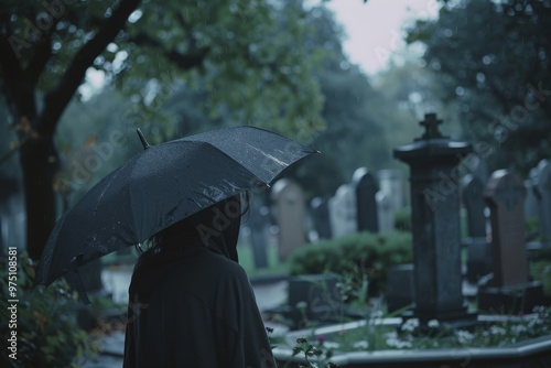 A silhouette under a black umbrella stands solemnly in a rain-soaked cemetery, encapsulating an atmosphere of reflection and poignancy. photo