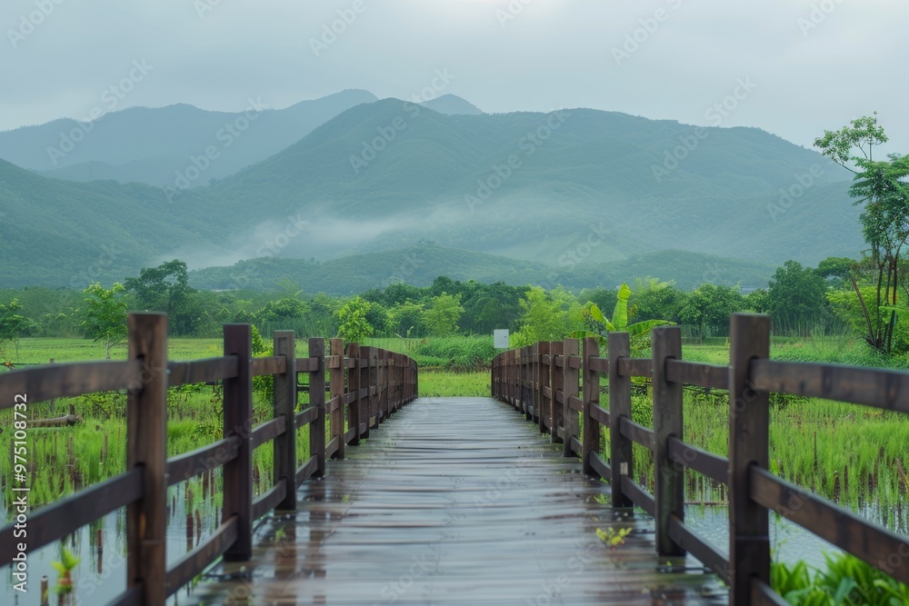 A serene wooden boardwalk stretches into the misty mountains, flanked by lush greenery and reflecting a peaceful ambiance. A serene wooden boardwalk stretches into the misty mountains, flanked by lush greenery and reflecting a peaceful ambiance.