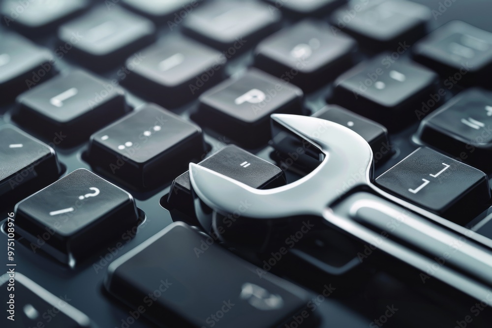 A large wrench rests on a computer keyboard, symbolizing the intersection of technology and manual labor. A large wrench rests on a computer keyboard, symbolizing the intersection of technology and manual labor.