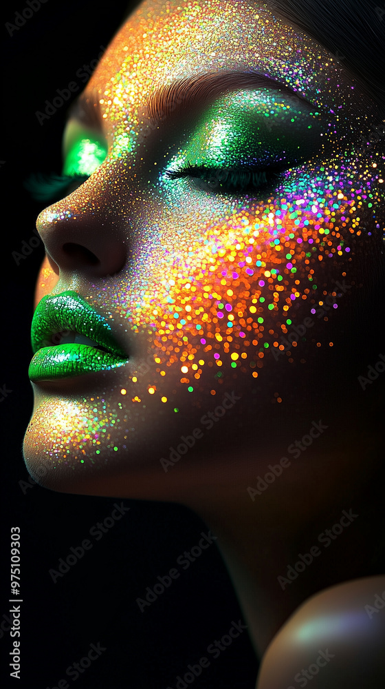 A woman with glitter on her face, against a black background A woman with glitter on her face, against a black background