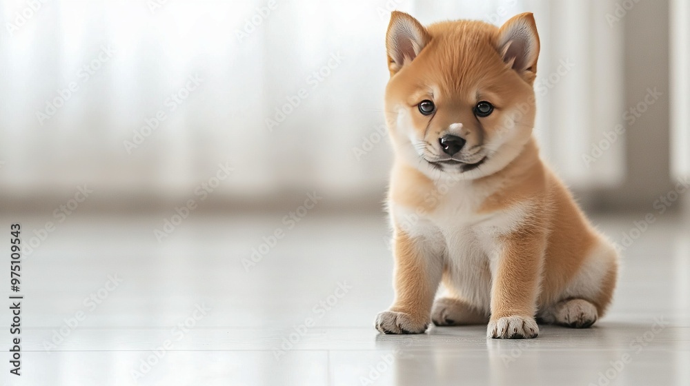   Brown-and-white dog sitting on wooden floor beside white-curtained window