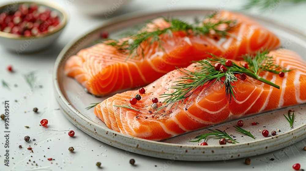 Two salmon fillets on a platter with pomegranate seeds and seasoning bowl nearby Two salmon fillets on a platter with pomegranate seeds and seasoning bowl nearby