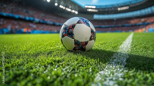 an Soccer ball on a lush green field in a stadium, positioned in the midfield ready for the game. photo