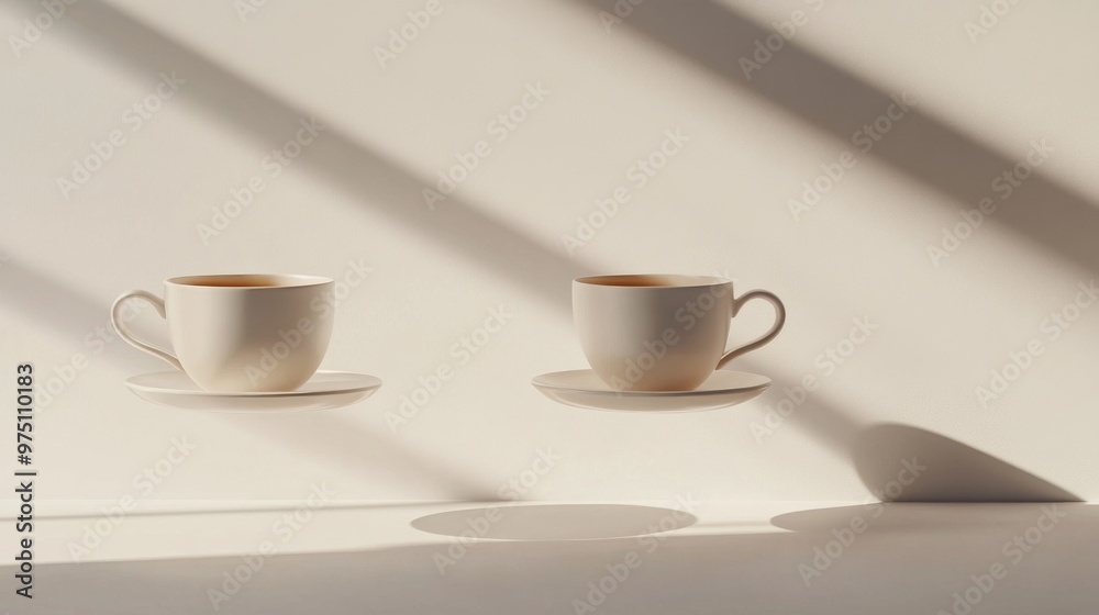Two floating tea cups with shadows on beige background, minimalist art concept Two floating tea cups with shadows on beige background, minimalist art concept