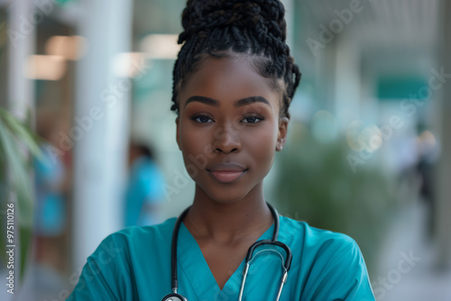 Portrait of young African American woman nurse or a doctor intern with colleagues. High quality photo