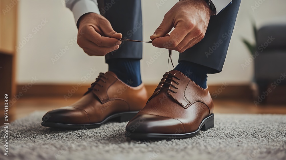 Fototapeta premium Man Tying Shoelace on Brown Leather Shoes