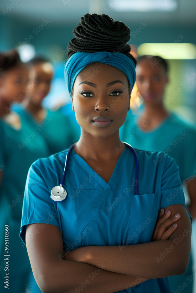 Fototapeta premium Portrait of young African American woman nurse or a doctor intern with colleagues. High quality photo
