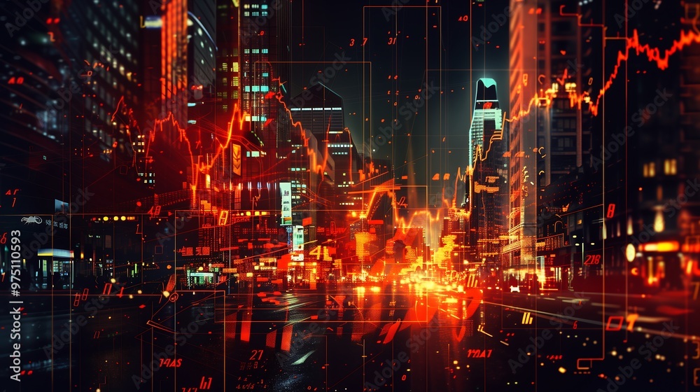 Obraz premium Cityscape with stock market chart overlay, showing economic growth and development