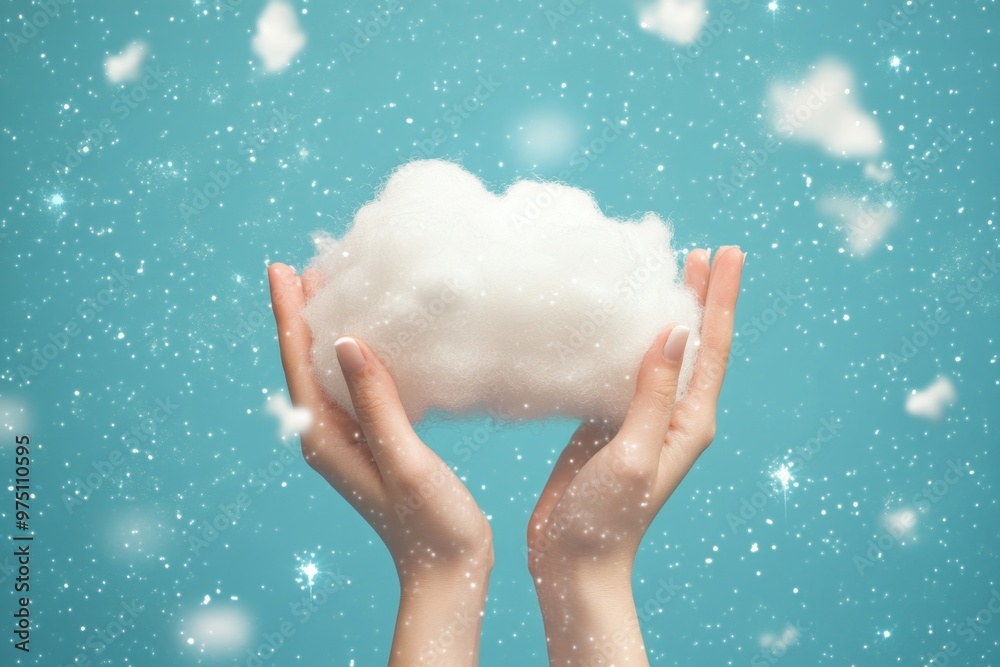 Two hands grasping a white fluffy cloud on a sparkling blue background representing data storage Two hands grasping a white fluffy cloud on a sparkling blue background representing data storage