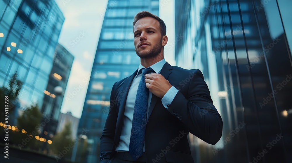 Businessman Adjusting Tie in Front of Modern Building Businessman Adjusting Tie in Front of Modern Building