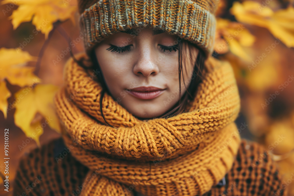 Woman in knitted scarf enjoying cozy autumn vibes surrounded by colorful leaves Woman in knitted scarf enjoying cozy autumn vibes surrounded by colorful leaves