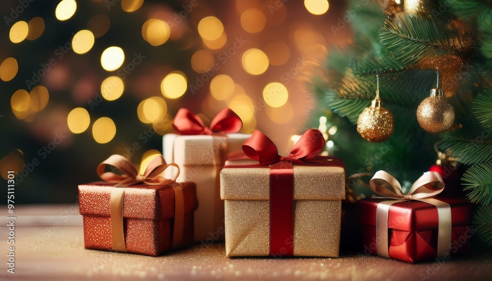 Christmas presents against blurred tree background. Christmas presents against blurred tree background.
