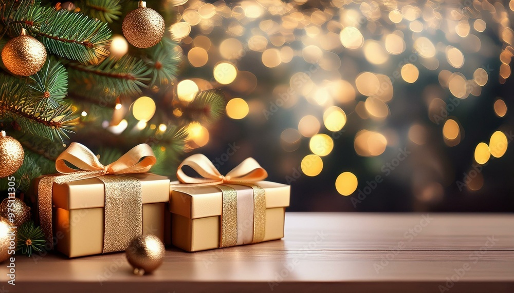 Christmas presents against blurred tree background. Christmas presents against blurred tree background.