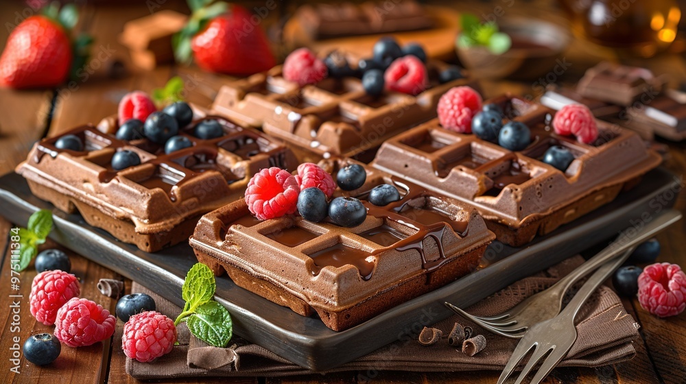 Chocolate waffles topped with blueberries, raspberries, and more raspberries on a platter Chocolate waffles topped with blueberries, raspberries, and more raspberries on a platter