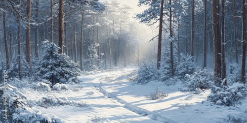 A snow-covered path winds through a dense forest of tall pines, bathed in the soft glow of sunlight.