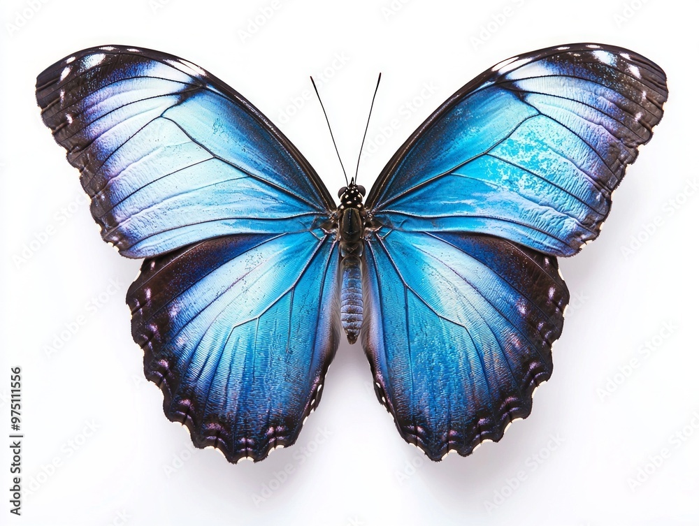 Fototapeta premium stunning blue morpho butterfly displays its magnificent wings, revealing an array of vibrant blue hues and intricate patterns, set against smooth white surroundings.