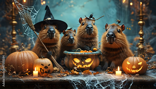 Cute Capybaras Celebrate Halloween with Pumpkins and a Witch s Broom