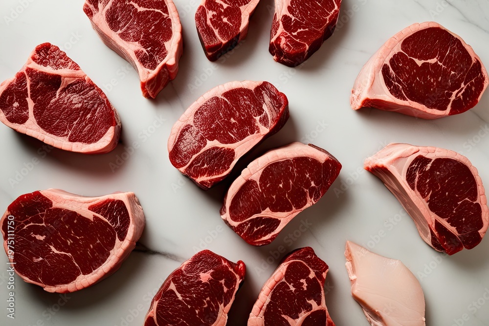 Bird's Eye View Collection of Separated Raw Steaks Bird's Eye View Collection of Separated Raw Steaks