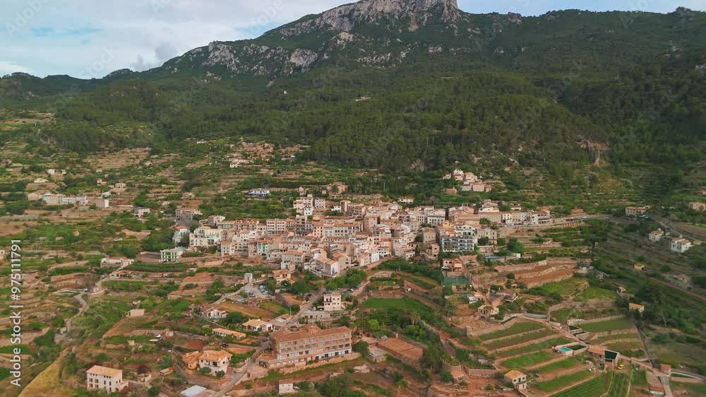 Aerial view of the village of Banyalbufar in Mallorca, Balearic Islands, Spain Aerial view of the village of Banyalbufar in Mallorca, Balearic Islands, Spain