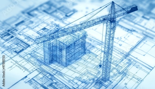 Fototapeta Naklejka Na Ścianę i Meble -  Photography of a detailed blueprint showcasing 3d building construction with a crane involved